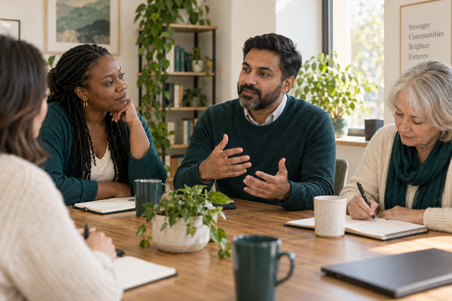 A small group of community support colleagues in conversation around a table