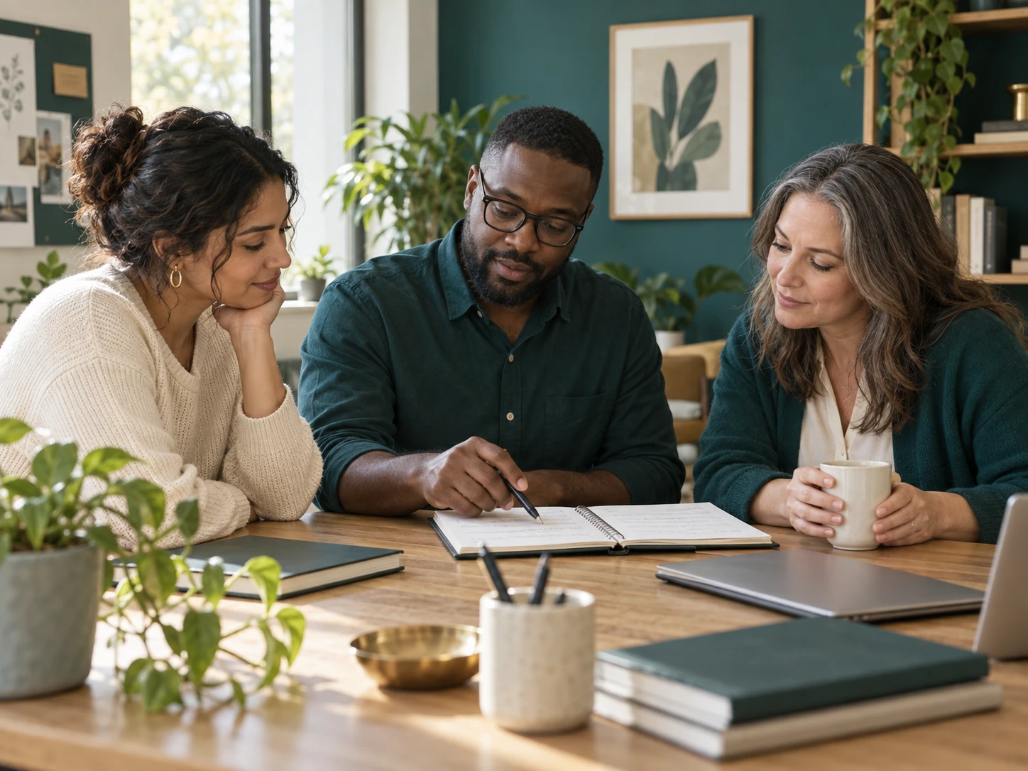 Three colleagues reviewing notes together while studying